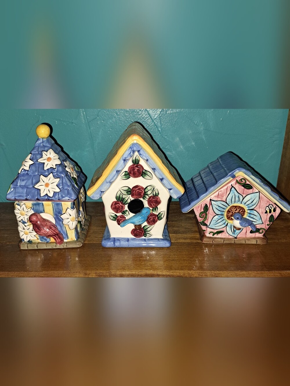 Vintage 1990's Hand-Painted Ceramic Birdhouse Candle Trio in Blue, Pink & White